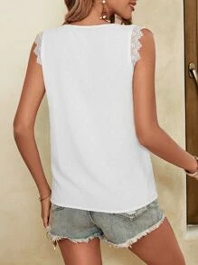 SHEIN Privé Swiss Dot Lace Trim Tank Top - White - View 6