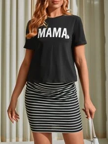 SHEIN Maternity Letter Graphic Tee & Striped Print Skirt Set - Black - View 3