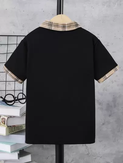 SHEIN Tween Boy 格子印花拼布领 1/4 拉链 Polo 衫，适合休闲和通勤
