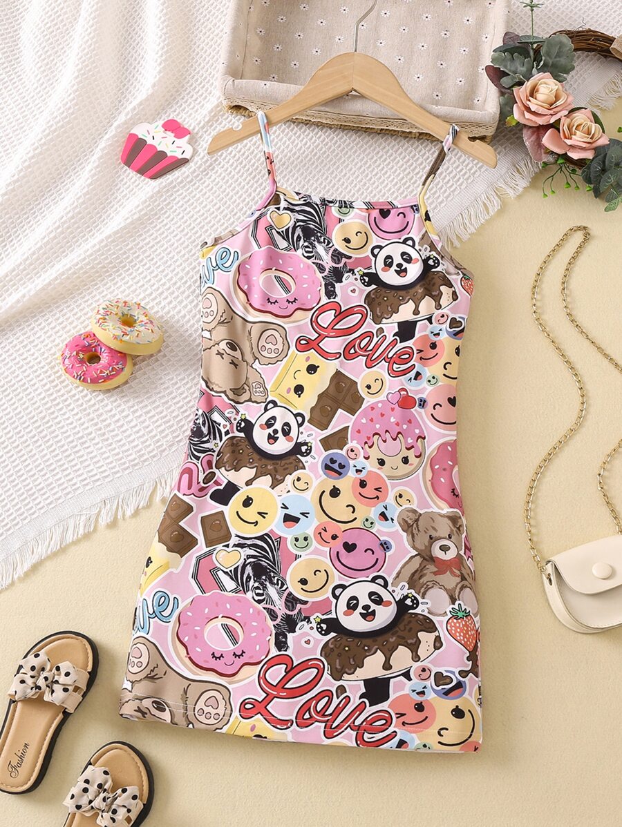 SHEIN Tween Girl Cartoon All Over Print Casual Simple Spaghetti Strap Dress ,Summer