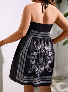 SHEIN Swim Curve Plus Scarf Print Shirred Backless Tube Cover Up Dress Without Bikini - Black - View 2