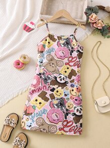SHEIN Tween Girl Cartoon All Over Print Casual Simple Spaghetti Strap Dress ,Summer