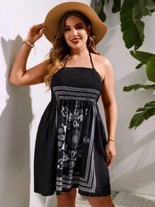 SHEIN Swim Curve Plus Scarf Print Shirred Backless Tube Cover Up Dress Without Bikini - Black - View 3