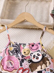 SHEIN Tween Girl Cartoon All Over Print Casual Simple Spaghetti Strap Dress ,Summer