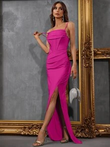 褶邊高衩吊帶正式連衣裙 - 玫紅色 - 查看 4