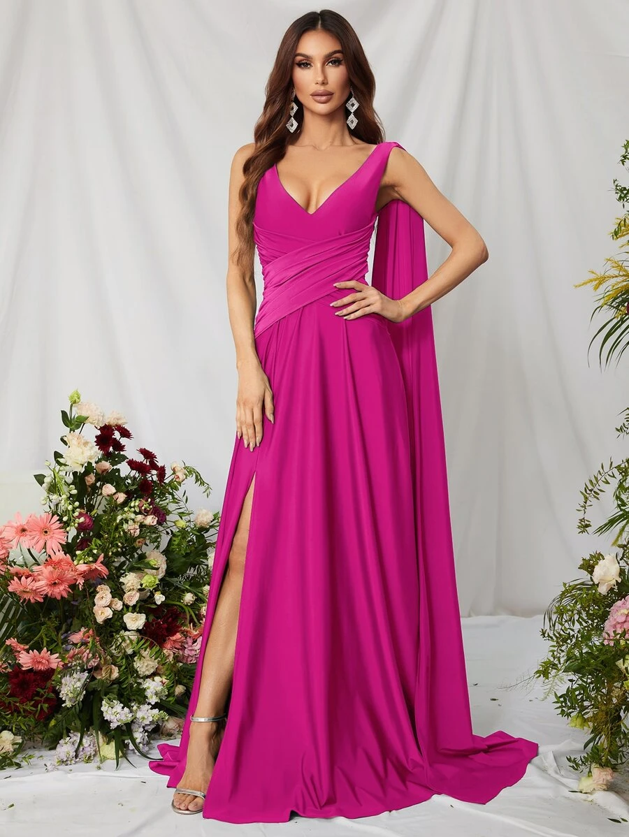 Ruched Split Thigh Draped Side Chiffon Formal Dress - Red Violet - View 1