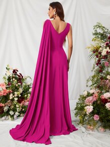 Ruched Split Thigh Draped Side Chiffon Formal Dress - Red Violet - View 2