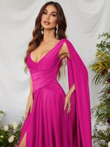 Ruched Split Thigh Draped Side Chiffon Formal Dress - Red Violet - View 3