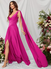 Ruched Split Thigh Draped Side Chiffon Formal Dress - Red Violet - View 4