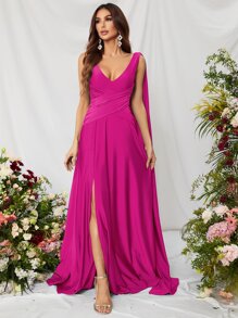 Ruched Split Thigh Draped Side Chiffon Formal Dress - Red Violet - View 5