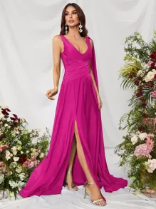 Ruched Split Thigh Draped Side Chiffon Formal Dress - Red Violet - View 6