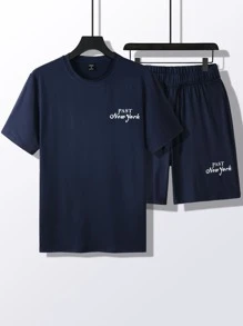 Manfinity Hombres con estampado de letra Camiseta & de cintura con cordón Shorts - Azul Marino - Ver 1