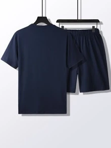 Manfinity Hombres con estampado de letra Camiseta & de cintura con cordón Shorts - Azul Marino - Ver 2