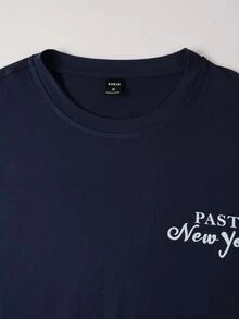 Manfinity Hombres con estampado de letra Camiseta & de cintura con cordón Shorts - Azul Marino - Ver 3