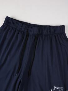 Manfinity Hombres con estampado de letra Camiseta & de cintura con cordón Shorts - Azul Marino - Ver 6