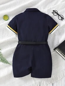 小男童馬和人像圖案條紋飾邊襯衫連體短褲