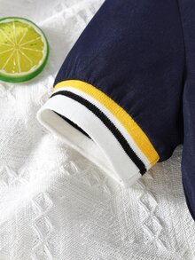 小男童馬和人像圖案條紋飾邊襯衫連體短褲