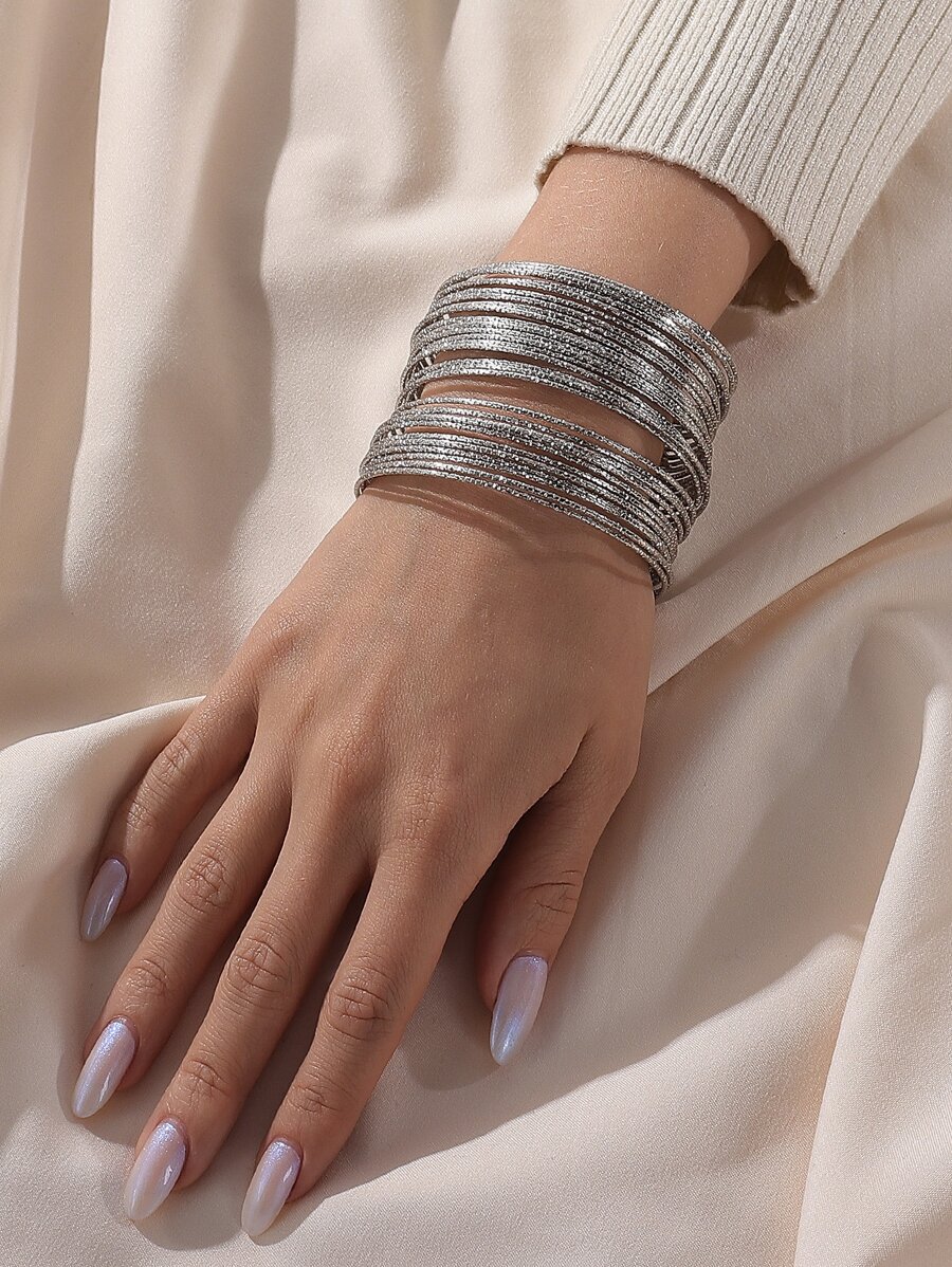 Vòng đeo tay rộng nhiều lớp - Bạc - Xem 1