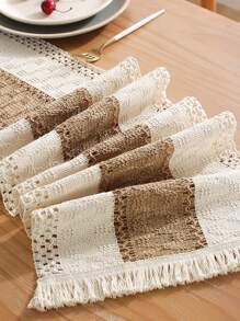 1入組雙色流蘇裝飾桌子波西米亞亞克力流蘇邊長方桌布 - 杏色 - 查看 2