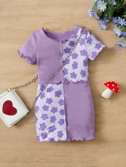 SHEIN Baby Girl Printed Ruffle Hem T-Shirt Dress, Comfortable, Cute, And Sweet, Suitable For Summer