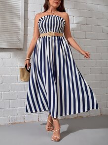 SHEIN VCAY 大碼條紋印花抹胸連衣裙不附腰帶 - 藍白色 - 查看 1