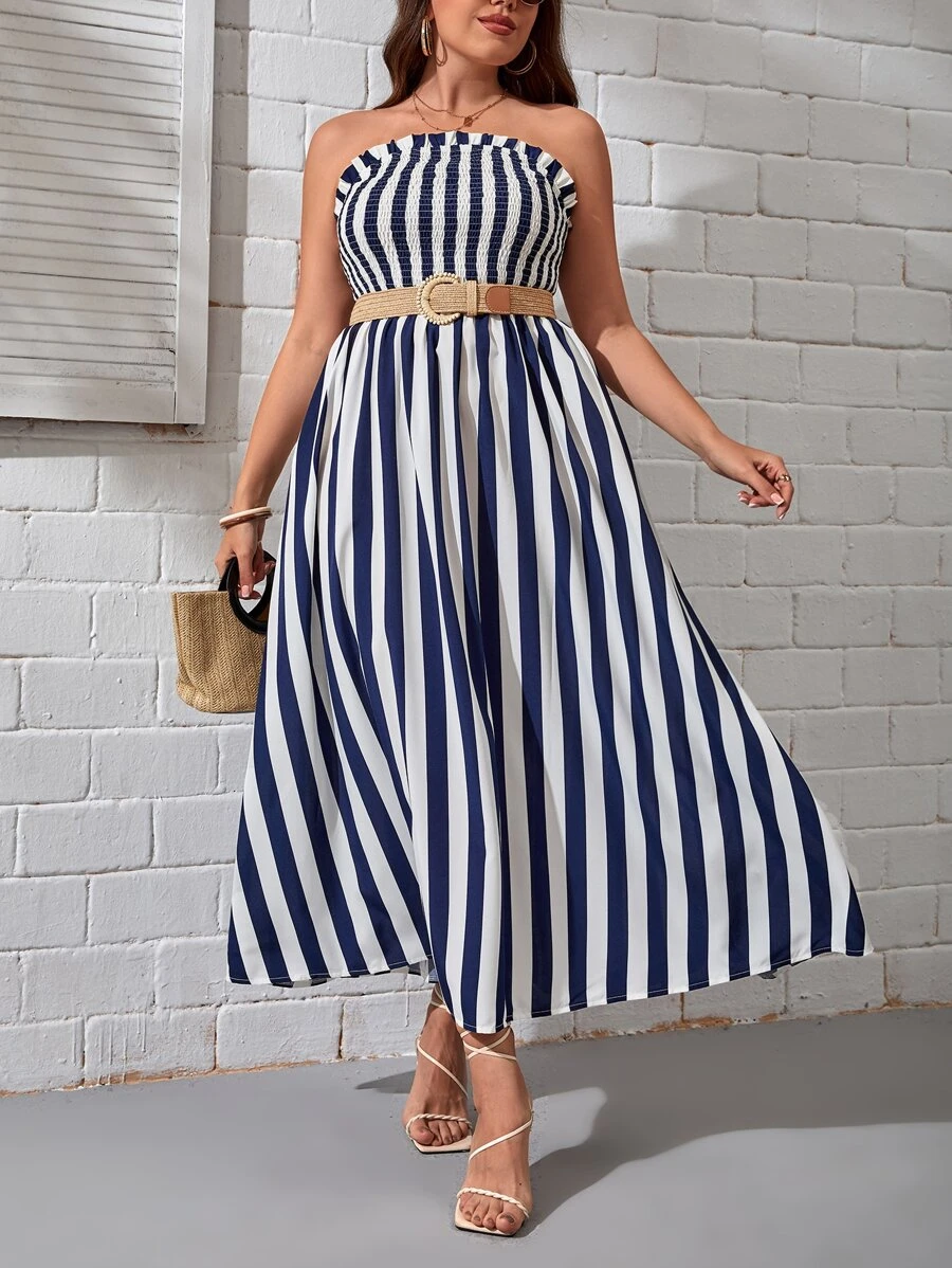 SHEIN VCAY 大碼條紋印花抹胸連衣裙不附腰帶 - 藍白色 - 查看 1