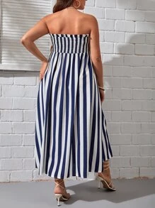 SHEIN VCAY 大碼條紋印花抹胸連衣裙不附腰帶 - 藍白色 - 查看 2