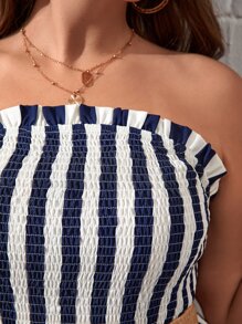 SHEIN VCAY 大碼條紋印花抹胸連衣裙不附腰帶 - 藍白色 - 查看 5