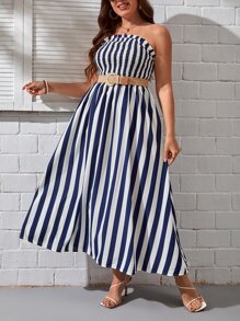 SHEIN VCAY 大碼條紋印花抹胸連衣裙不附腰帶 - 藍白色 - 查看 6