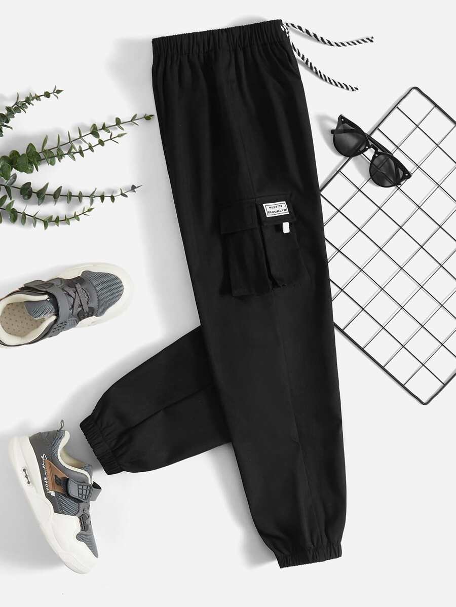 SHEIN Boys Letter Patched Detail Flap Pocket Cargo Pants