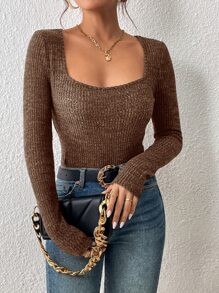 SHEIN Frenchy 方領條紋針織T恤 - 咖啡棕 - 查看 1