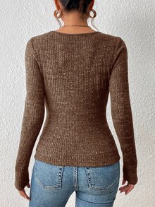 SHEIN Frenchy 方領條紋針織T恤 - 咖啡棕 - 查看 2