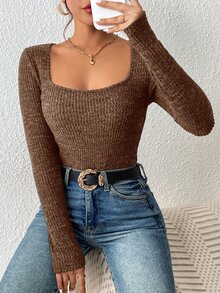 SHEIN Frenchy 方領條紋針織T恤 - 咖啡棕 - 查看 5