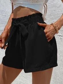 SHEIN Frenchy Slant Pocket Tie Front Shorts Summer Black Black - Black - View 1