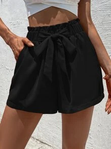 SHEIN Frenchy Slant Pocket Tie Front Shorts Summer Black Black - Black - View 4