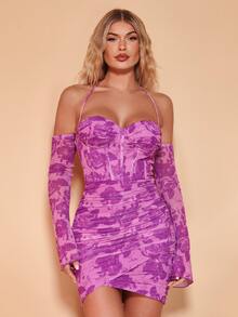 SHEIN BAE Floral Print Halter Neck Ruched Bustier Mesh Bodycon Dress - Violet Purple - View 4