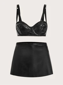 3件PU皮革內衣套裝附裙子 - 黑色 - 查看 5