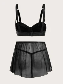 3件PU皮革內衣套裝附裙子 - 黑色 - 查看 2