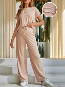 SHEIN Bộ đồ hai mảnh Bà bầu Gân đan màu trơn Giải trí - Màu be - Xem 1