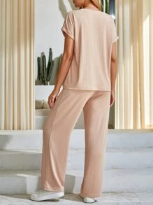 SHEIN Bộ đồ hai mảnh Bà bầu Gân đan màu trơn Giải trí - Màu be - Xem 2