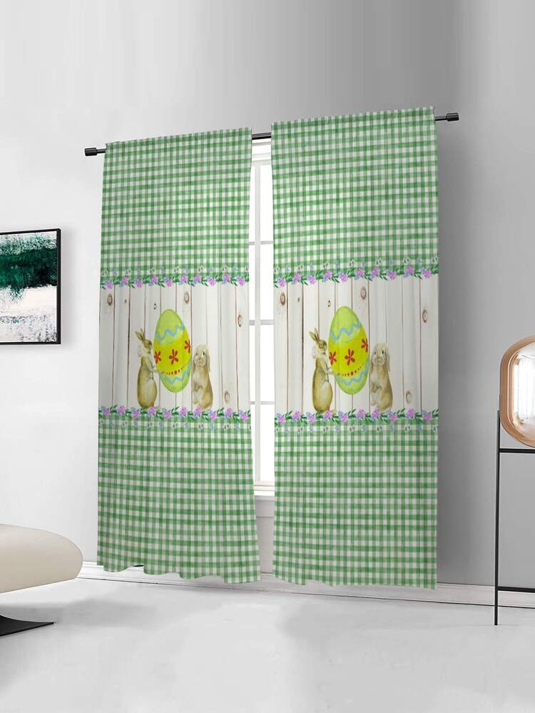 Cortina de un solo panel con estampado de huevos de Pascua, cortina de poliéster con patrón de guinga de dibujos animados, para el hogar, dormitorio, sala de estar - Multicolor - Ver 3