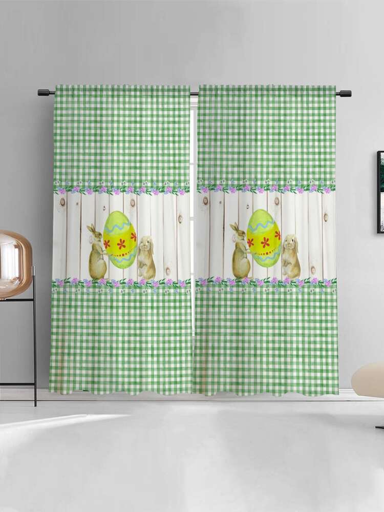 Cortina de un solo panel con estampado de huevos de Pascua, cortina de poliéster con patrón de guinga de dibujos animados, para el hogar, dormitorio, sala de estar - Multicolor - Ver 4