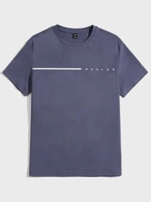 GENTILAND 男士字母圖案T恤 - 霧霾藍 - 查看 1