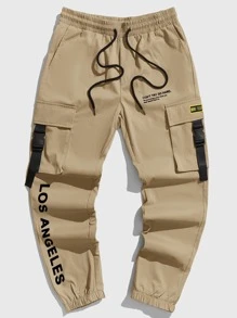 Manfinity Roghcode Men Slogan Graphic Patched Detail Flap Pocket Buckled Drawstring Waist Joggers, Fall - Khaki - View 1