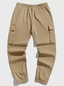 Manfinity Roghcode Men Slogan Graphic Patched Detail Flap Pocket Buckled Drawstring Waist Joggers, Fall - Khaki - View 2