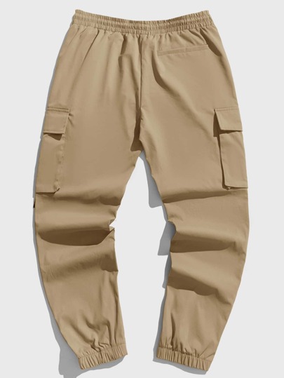 Guys Slogan Graphic Patched Detail Flap Pocket Buckled Drawstring Waist Joggers
