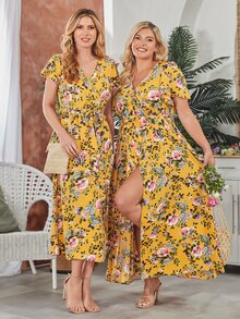 SHEIN VCAY Plus 1pc Floral Print Belted Dress - Multicolor - View 2