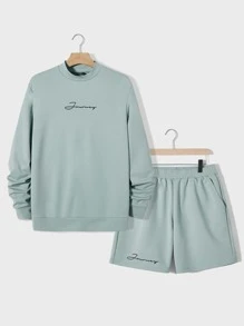 GENTILAND Men Letter Graphic Sweatshirt & Shorts - Mint Green - View 1
