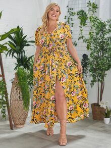 SHEIN VCAY Plus 1pc Floral Print Belted Dress - Multicolor - View 7