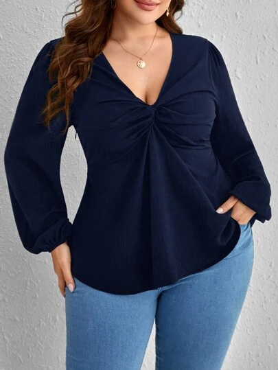 SHEIN Clasi 大碼前扭結燈籠袖襯衫